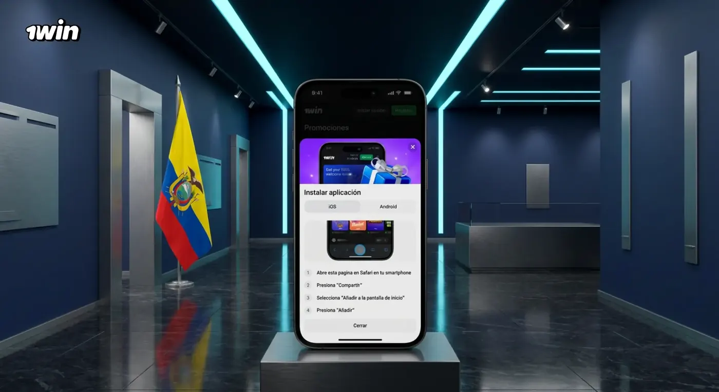 Celular con la pantalla Instalar aplicación de 1win sobre un pedestal en una sala azul con la bandera de Ecuador
